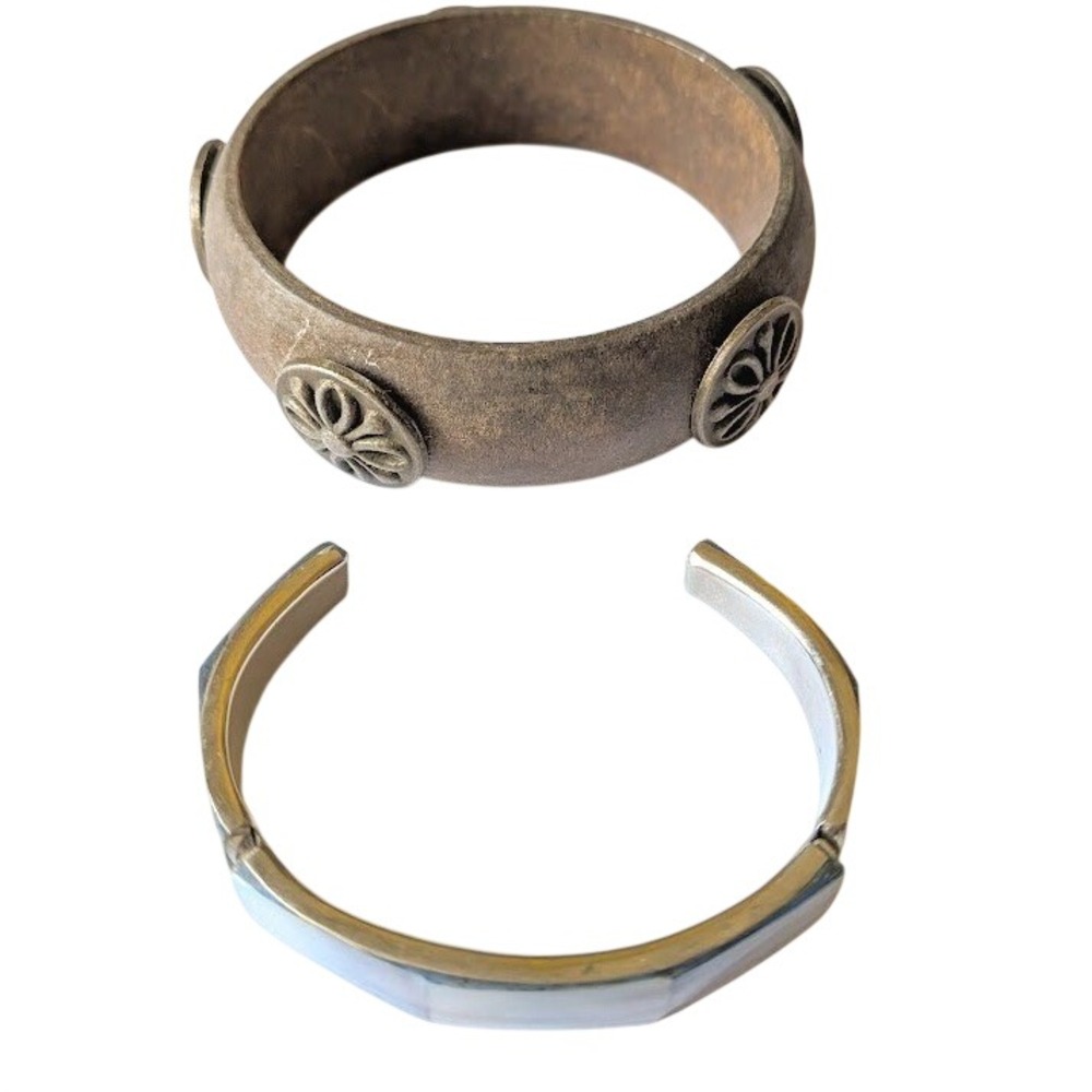 Bangle Cuff Bracelet Jewelry Set Boho Artisan Eclectic Vintage Style Wood Metal